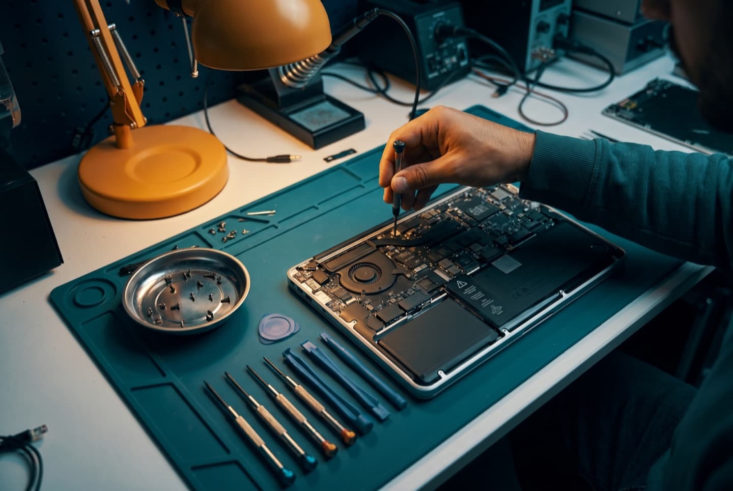 Laptop opened up on the CompuTech workbench with tools laid out