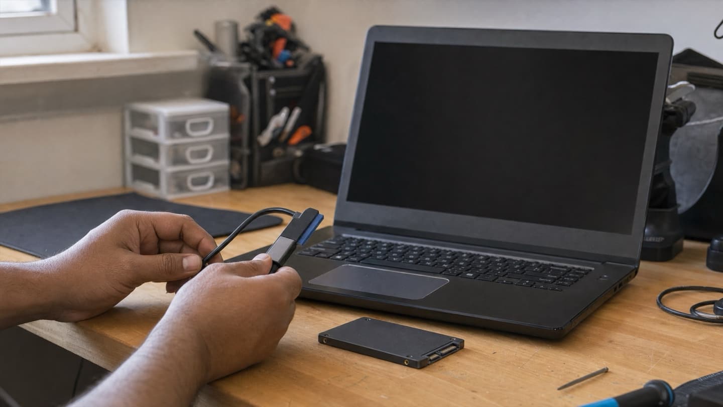 A laptop opened on a bench next to a drive-cloning cable and a spare SSD during a storage upgrade.