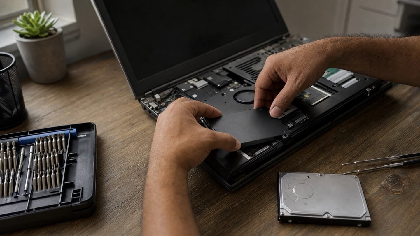 Hands fitting a 2.5-inch SSD into an open laptop drive bay on a repair bench, with the old drive set aside.