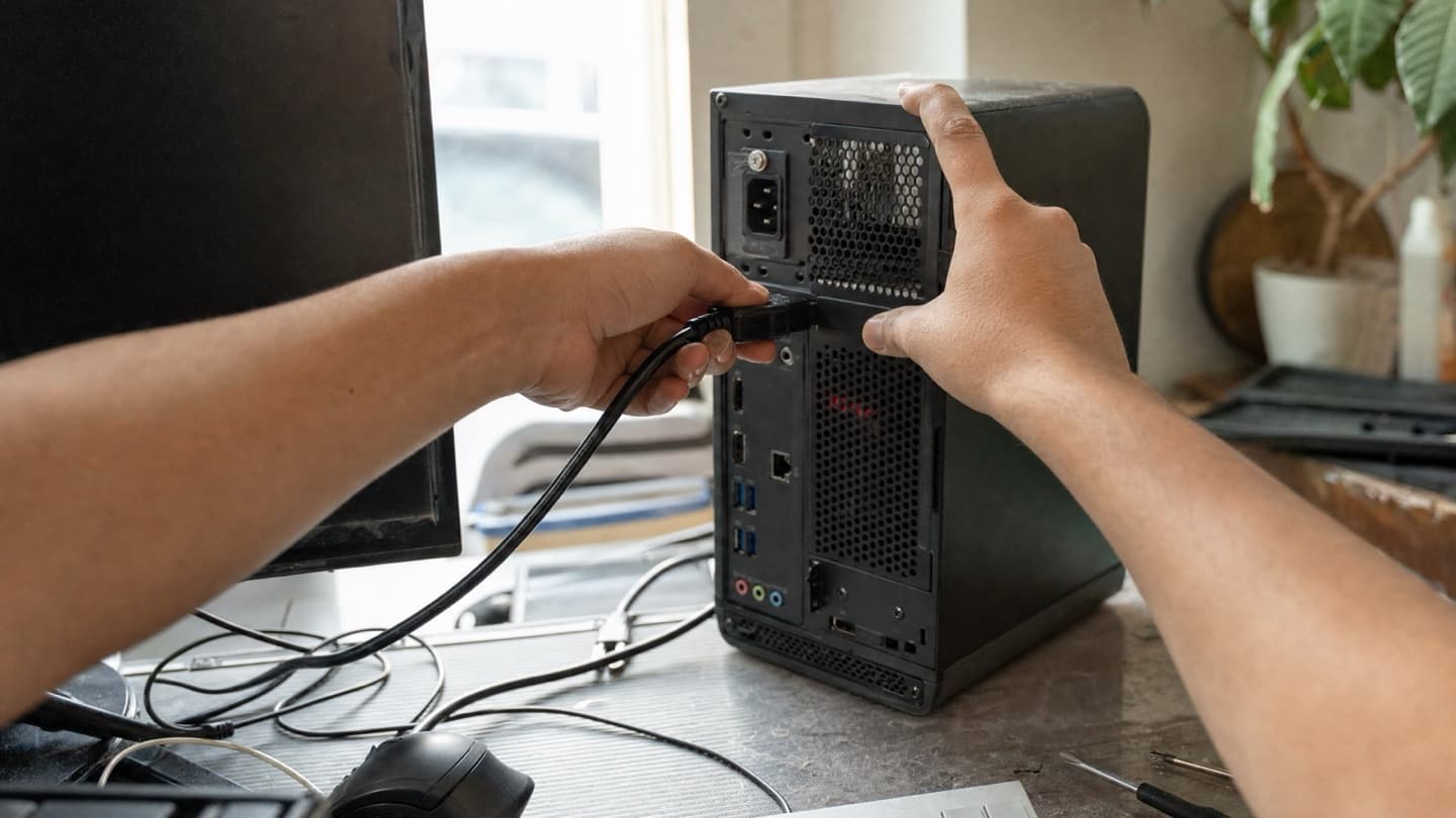 A technician's hands connecting a cable to a computer at a homeowner's desk during a house call.