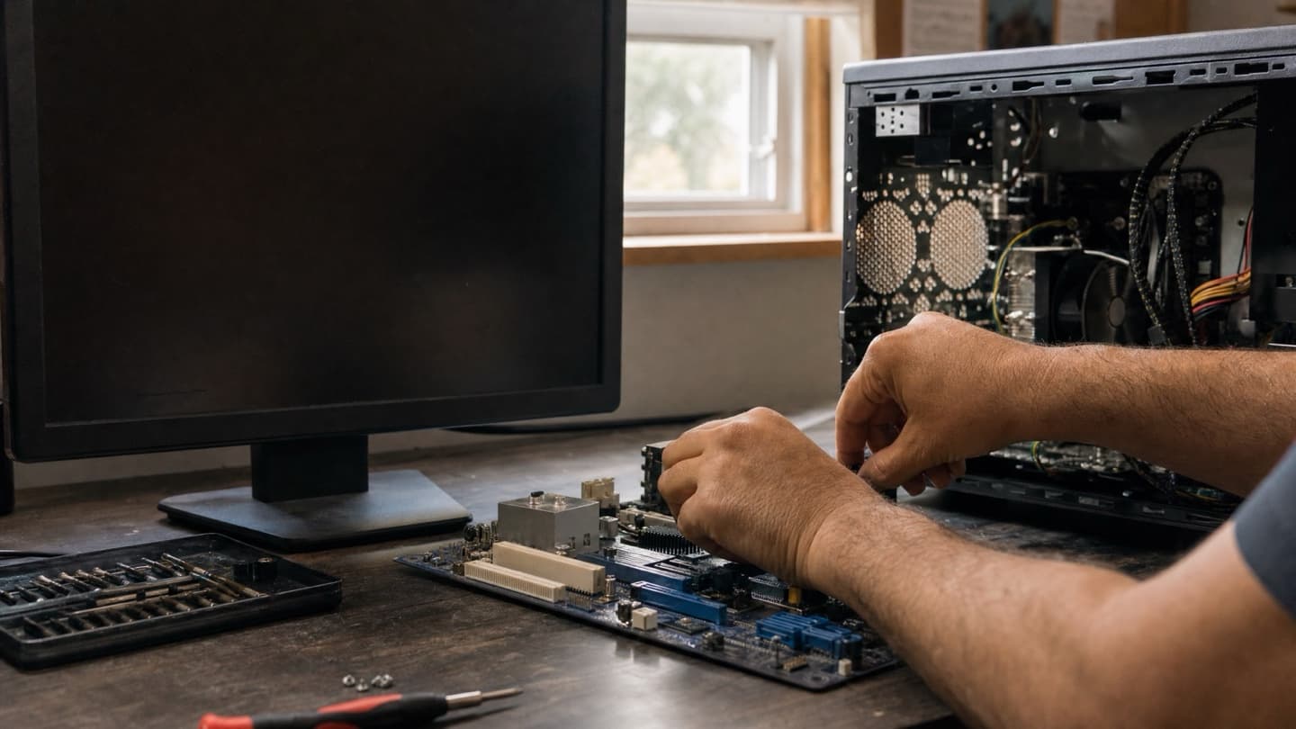 A technician's hands working on a desktop computer at a homeowner's desk in Calgary.