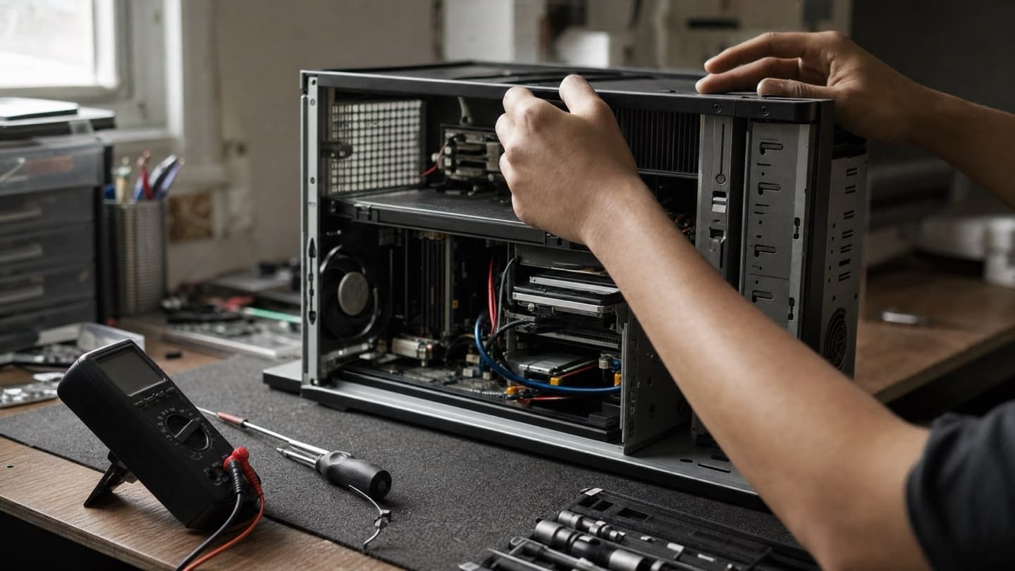 An open desktop on a bench beside diagnostic tools and spare parts during a stress test.