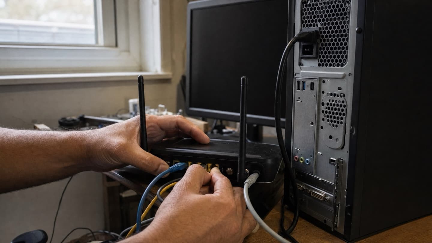 A technician's hands checking a router and cabling beside a desktop tower in a home office.