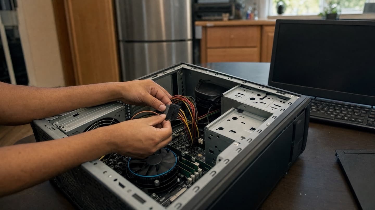 A desktop tower open at a kitchen table during an on-site visit, power and RAM connectors being checked by hand.