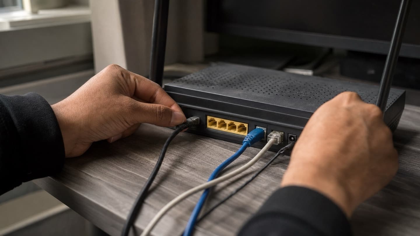 Hands checking the cables and connections on a home router beside a desk.