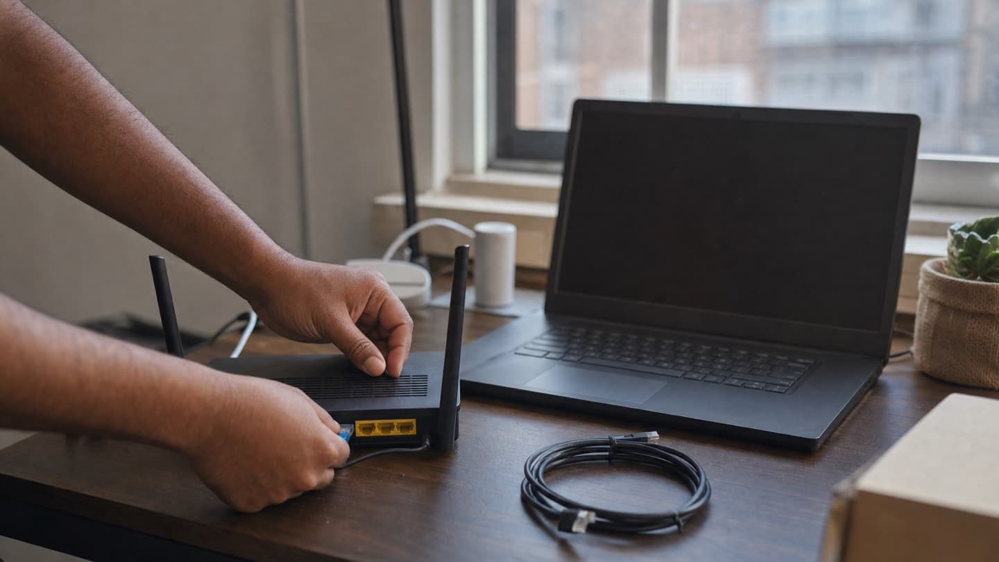 A technician setting up a router and laptop on a desk during a home visit, hands on the equipment.