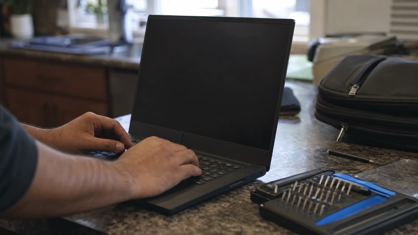 A laptop being worked on at a kitchen counter during an in-home visit, hands on the keyboard and a small toolkit beside it.