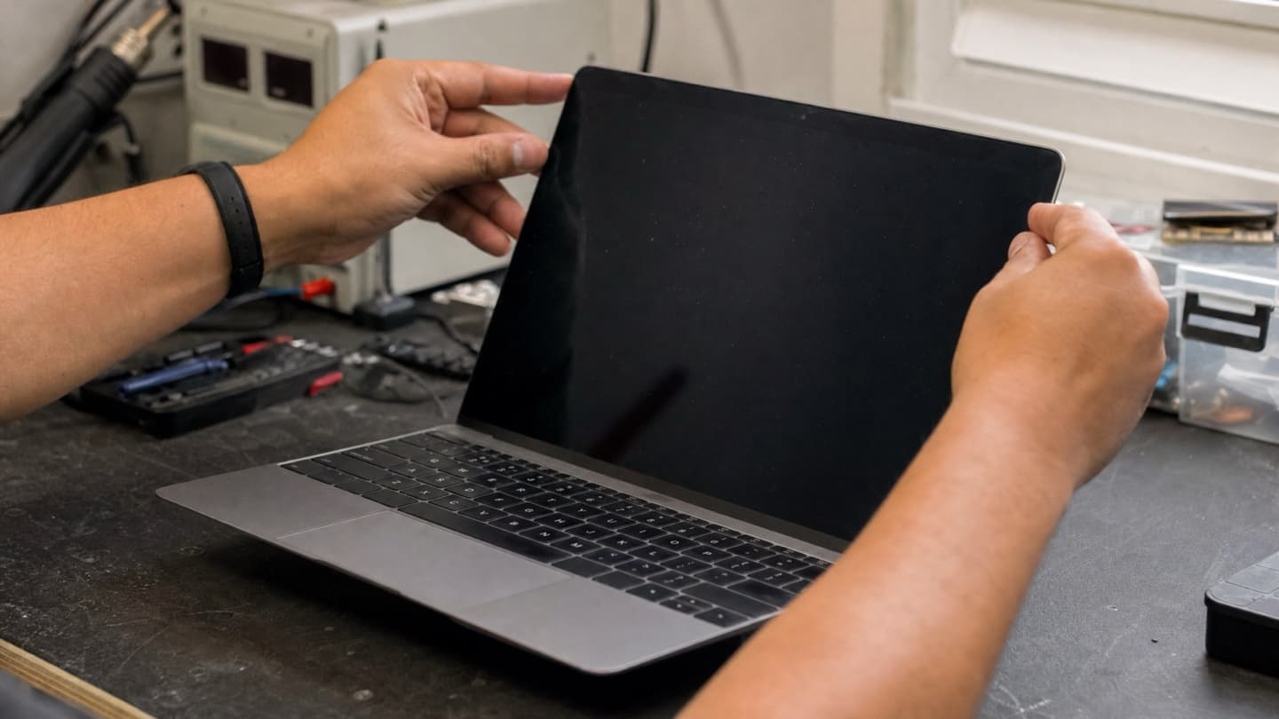 A laptop open on a repair bench with the display panel being checked by hand.