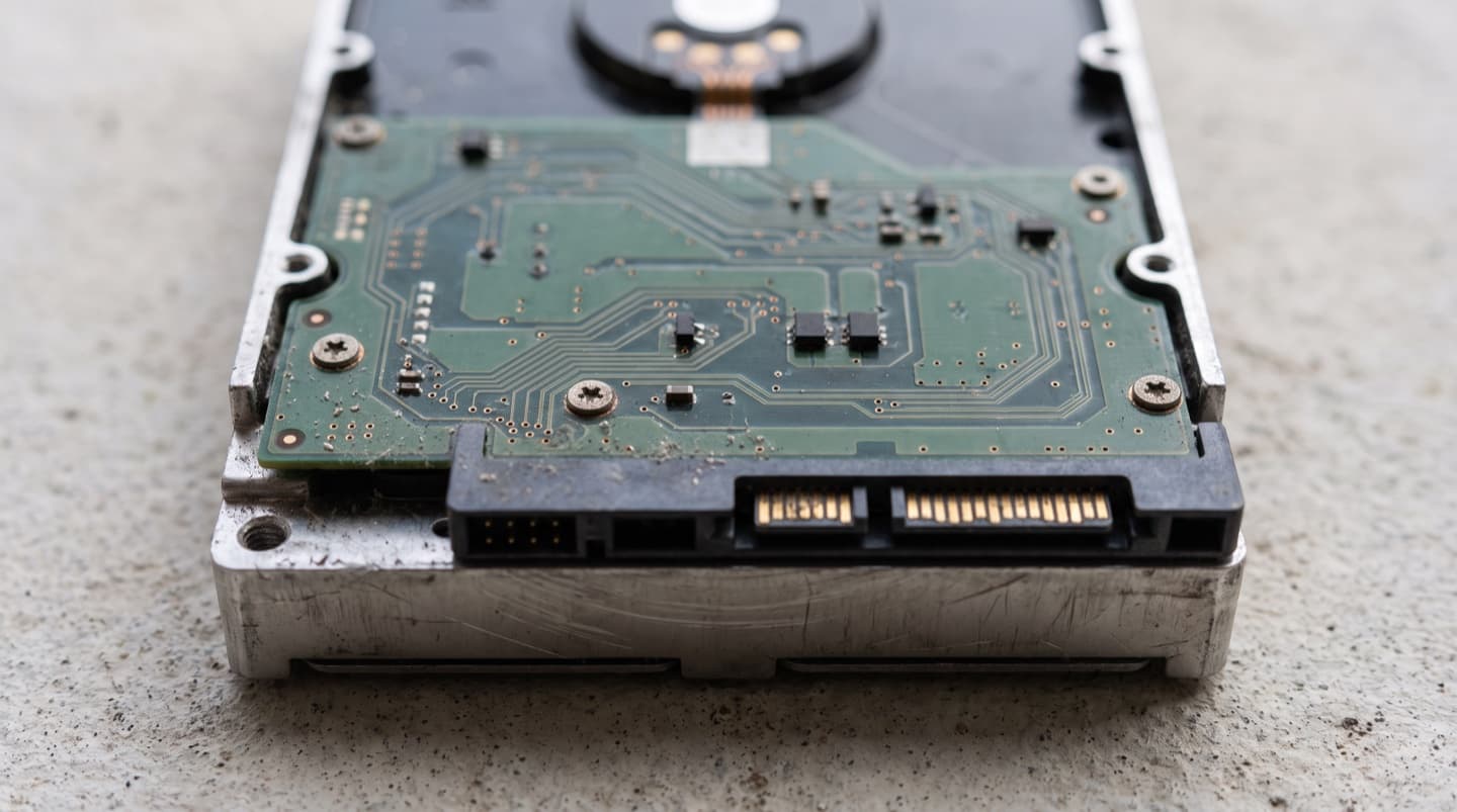 Close-up from above of the green circuit board on the underside of a bare desktop hard drive, showing copper traces and gold contacts.