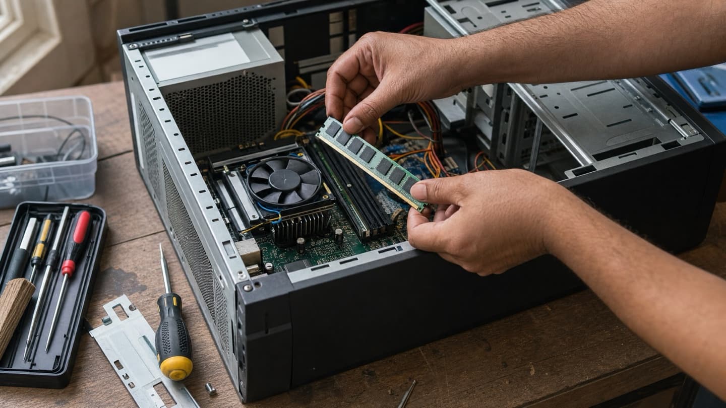 A desktop tower open on a bench beside hand tools, a memory module held over its slot for reseating.