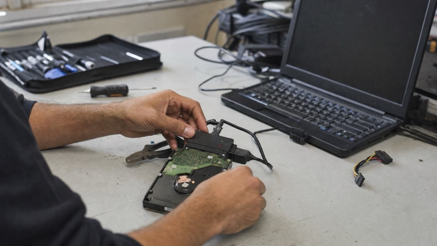 A drive connected to a write-blocking adapter on a bench, with tools laid out beside it during a recovery.