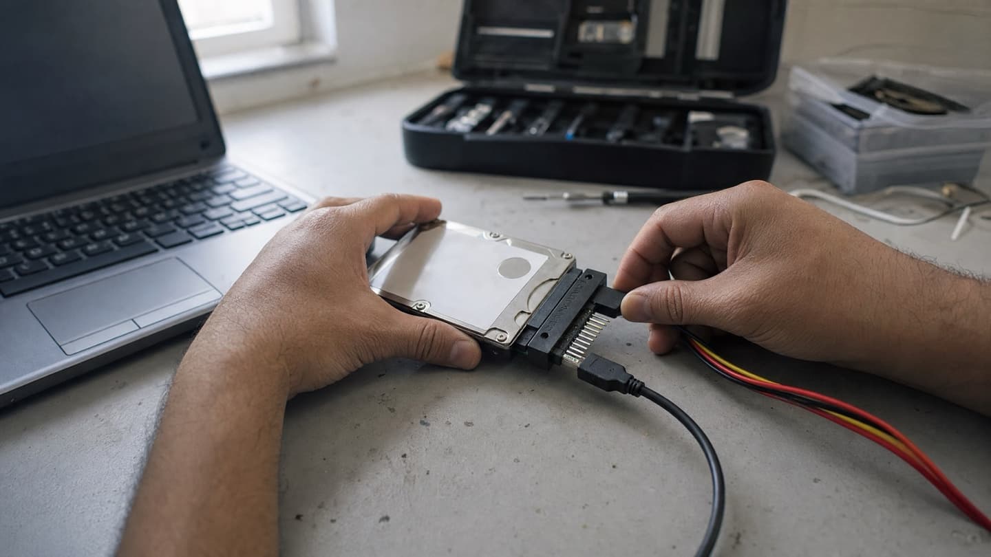 A hard drive out of its laptop on a repair bench, connected to a recovery adapter by hand.