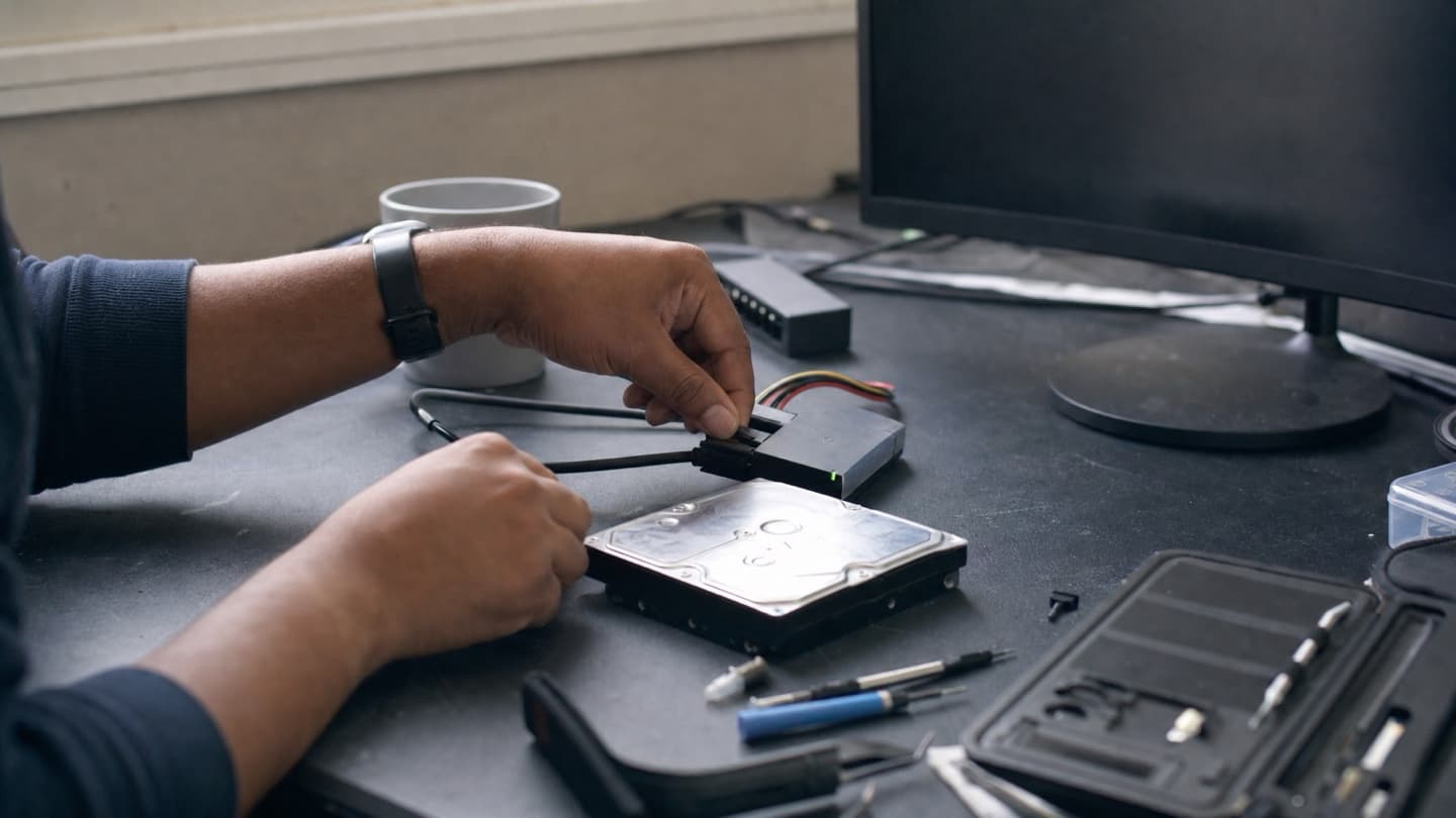 A drive connected to a write-blocker and reader on a bench, with recovery tools laid out beside it.