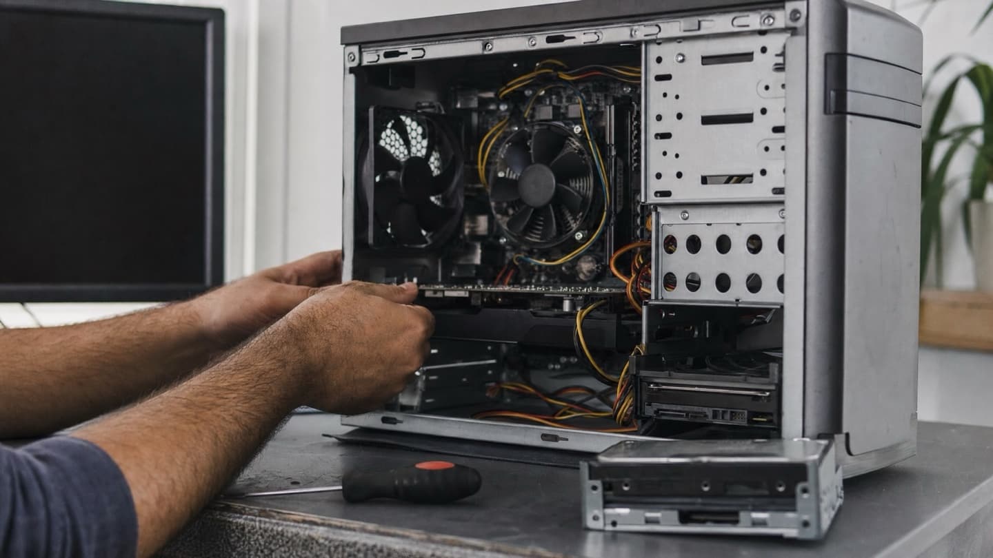 A Dell tower open on a bench beside a screwdriver and a spare drive during a diagnosis.