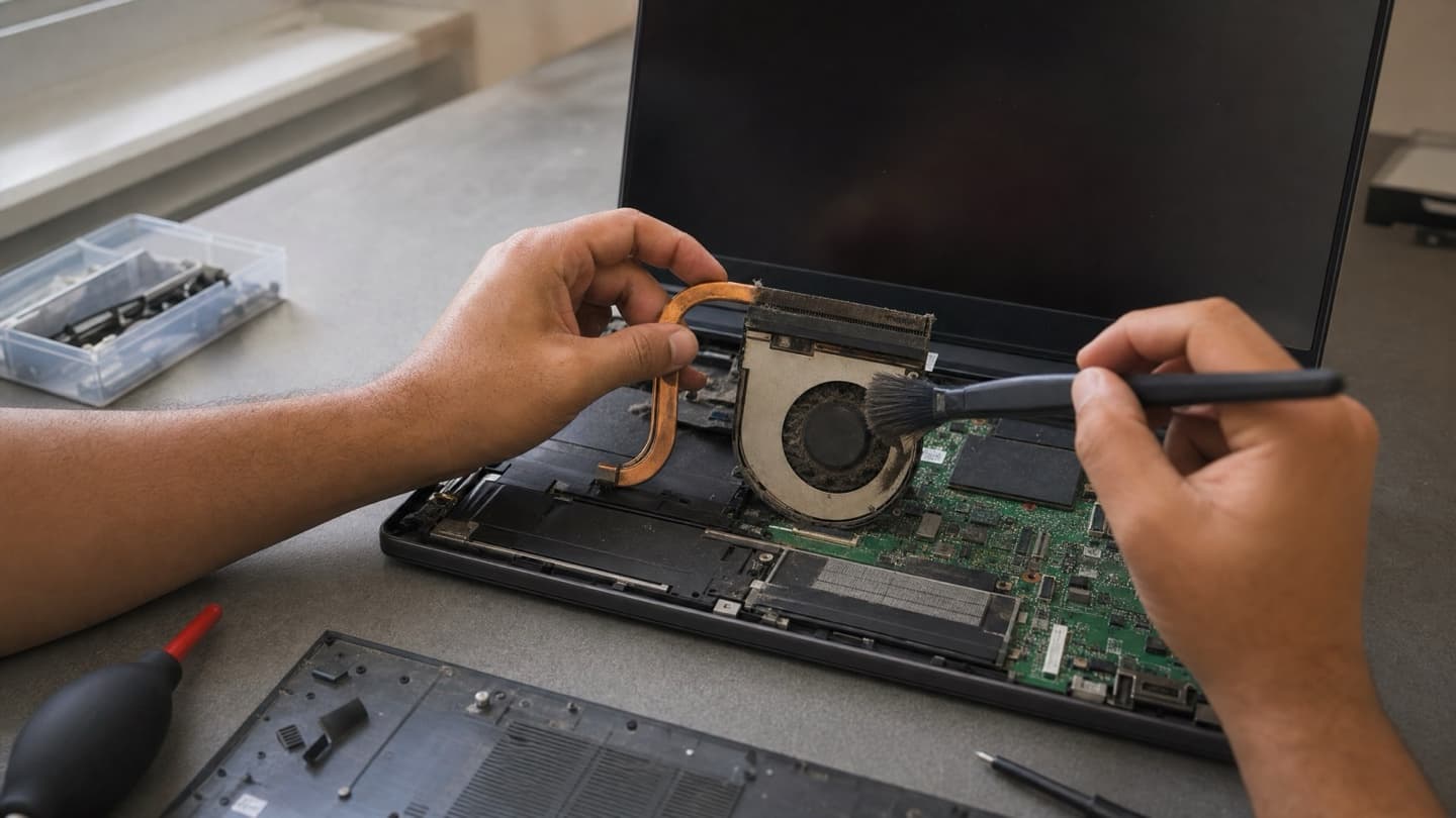 Hands cleaning dust from a laptop's fan and heatsink on a bench, with the base panel removed.