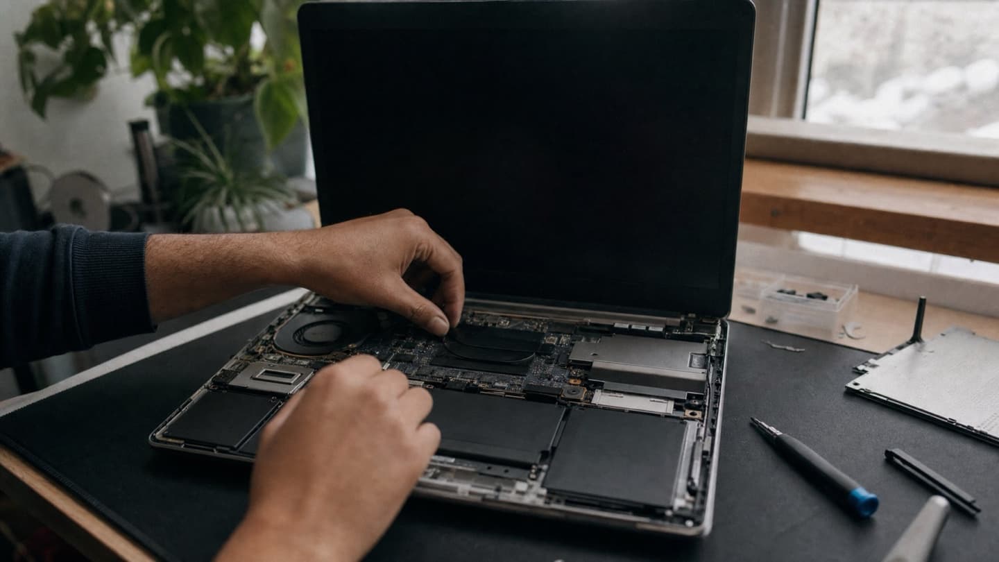 A Dell laptop opened on a repair bench with its base panel off, being checked by hand.