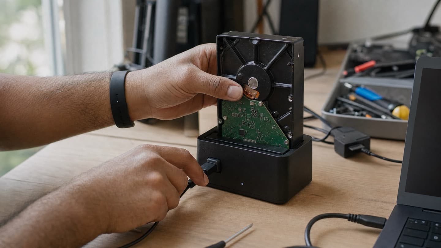 A drive lifted from a failed enclosure and set into a working dock on a bench, connected by hand.