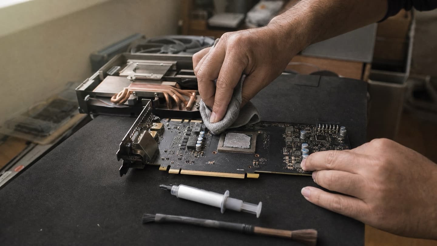 A graphics card and CPU cooler on a bench with cleaning tools and thermal paste, mid-service.