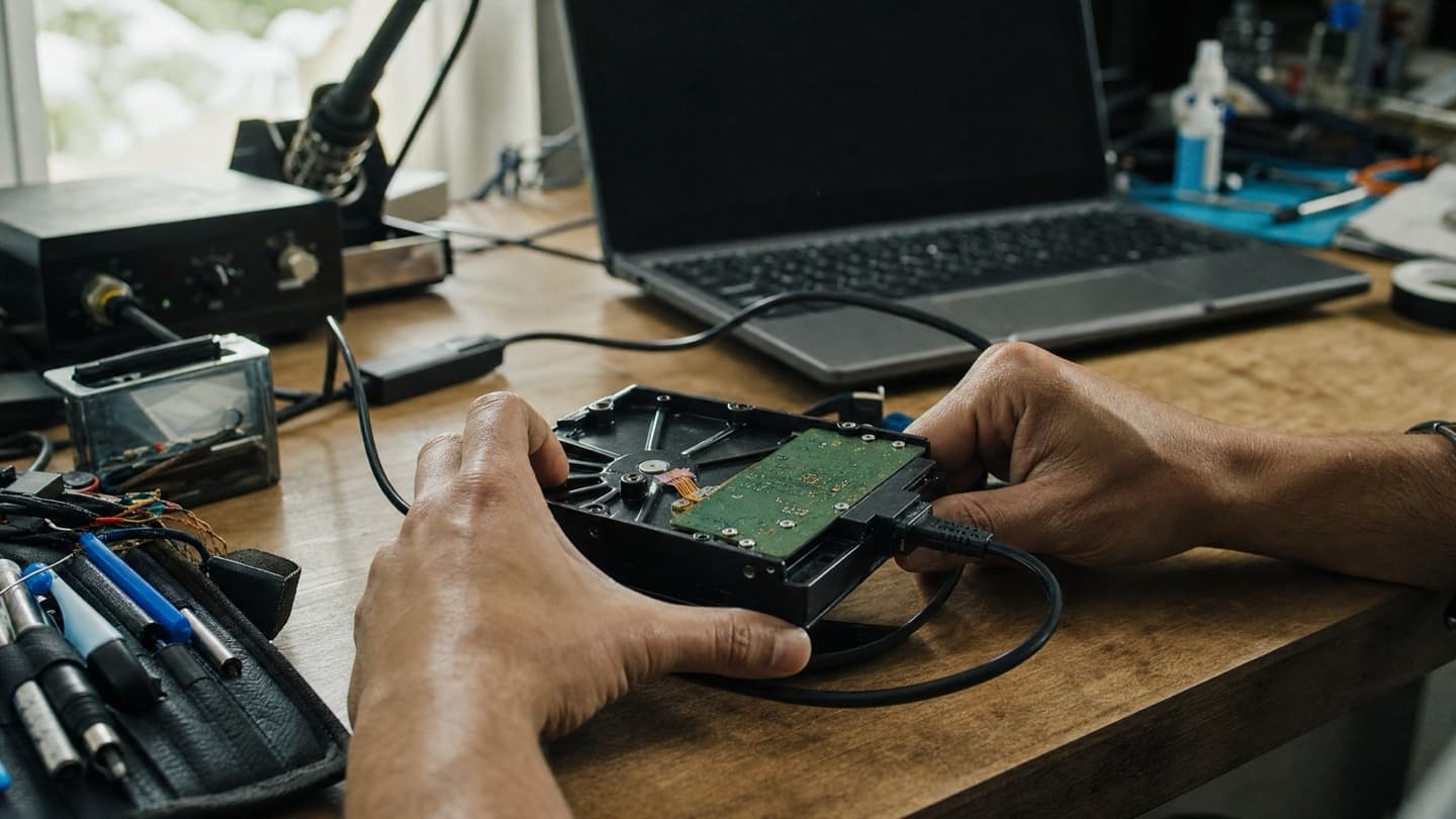 A hard drive connected to bench tools, being imaged rather than booted from during recovery.