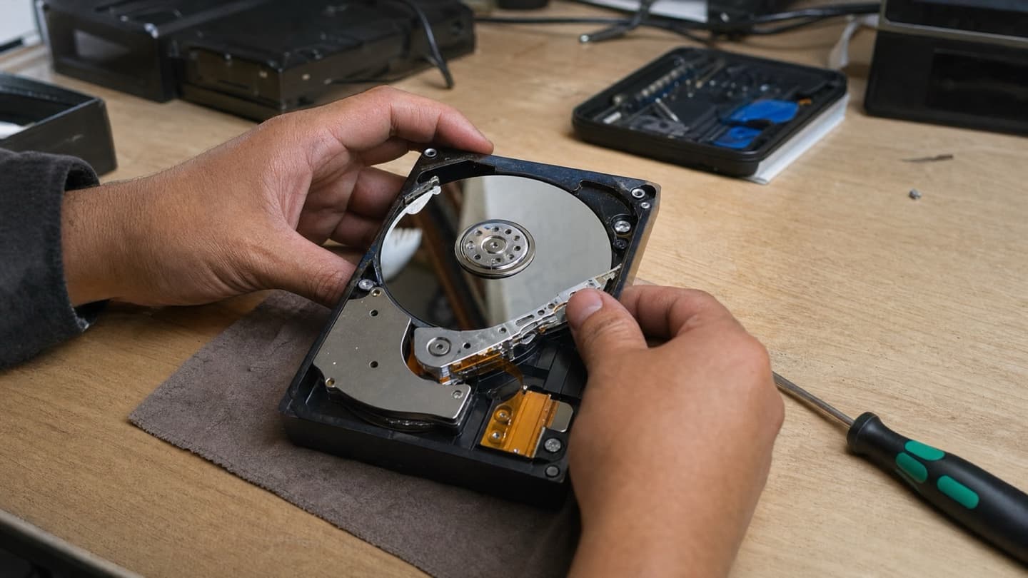 A bare hard drive on a workbench beside a screwdriver and diagnostic tools, examined by hand.