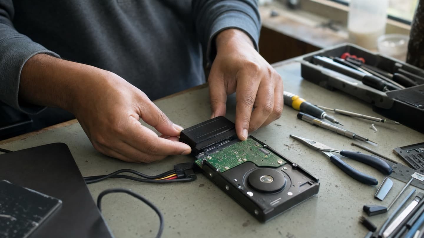 A hard drive connected to a diagnostic adapter on a bench, with tools laid out beside it.