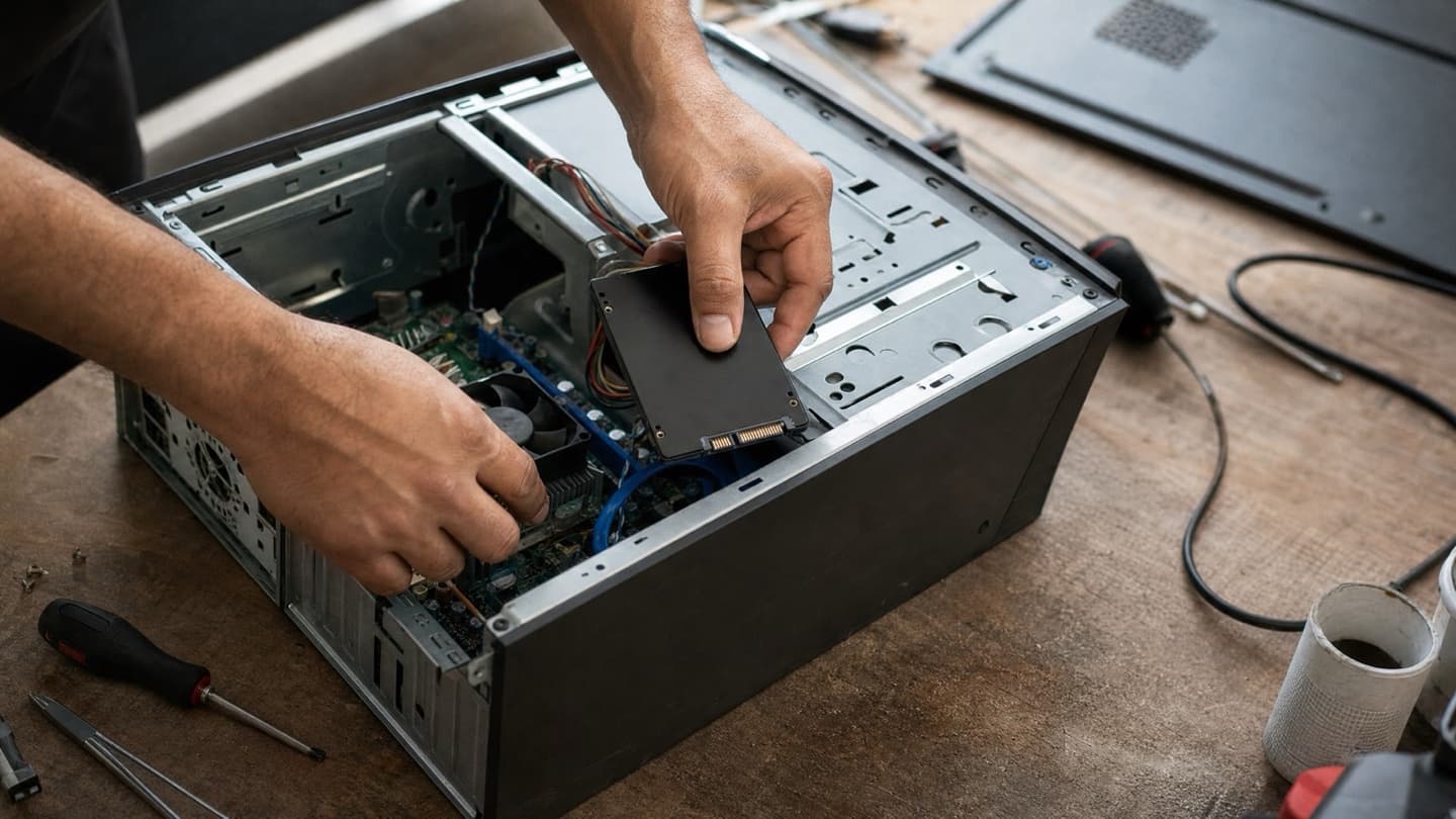 A desktop opened on a bench beside hand tools, with an SSD ready to swap in for an old hard drive.