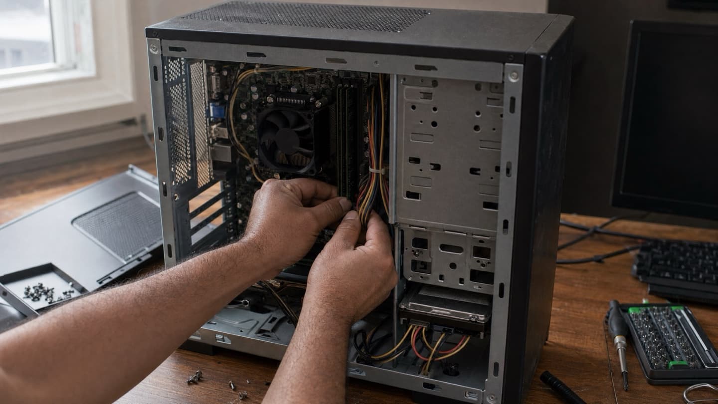 A desktop PC opened on a bench with the RAM and drive bays exposed, being worked on by hand.