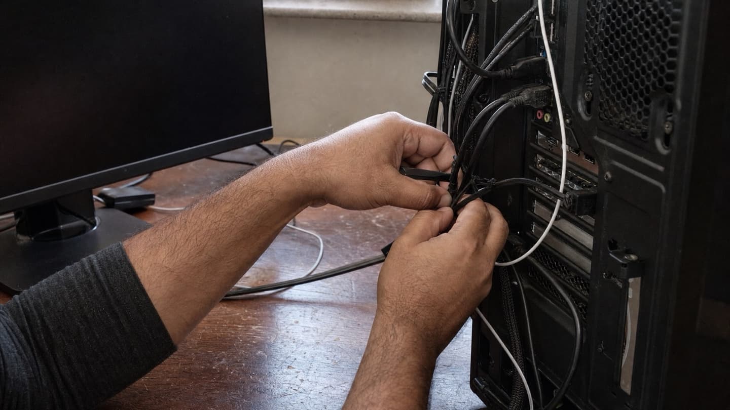 Hands at a home computer desk, sorting the cabling behind a tower with the setup left in place.