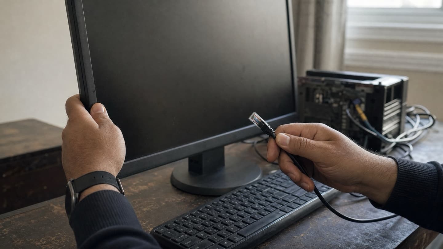 Hands working at a small-office bench, checking a computer and a network cable during an on-site visit.