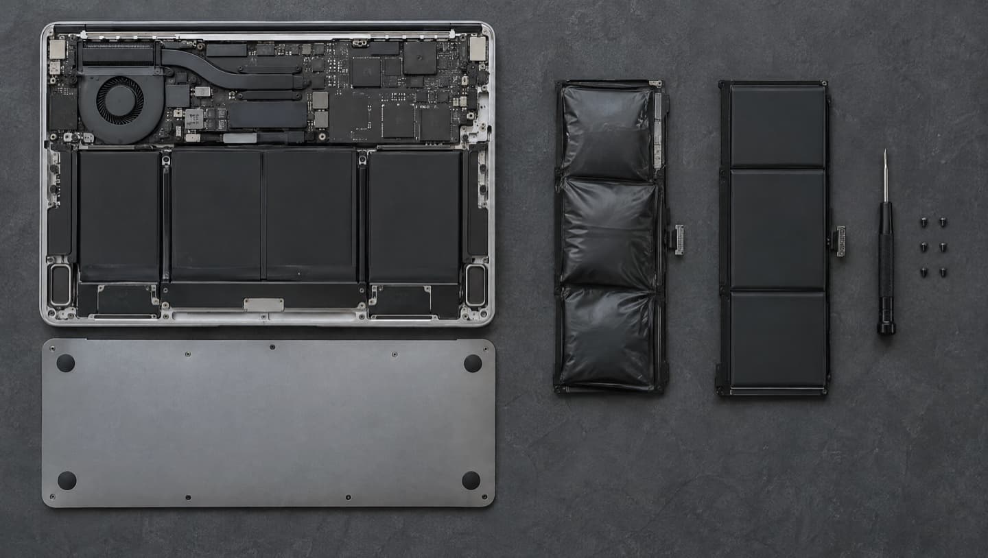 An opened laptop beside its removed bottom panel, a swollen battery pack, a flat replacement battery, a screwdriver and screws, laid out from above on dark slate.