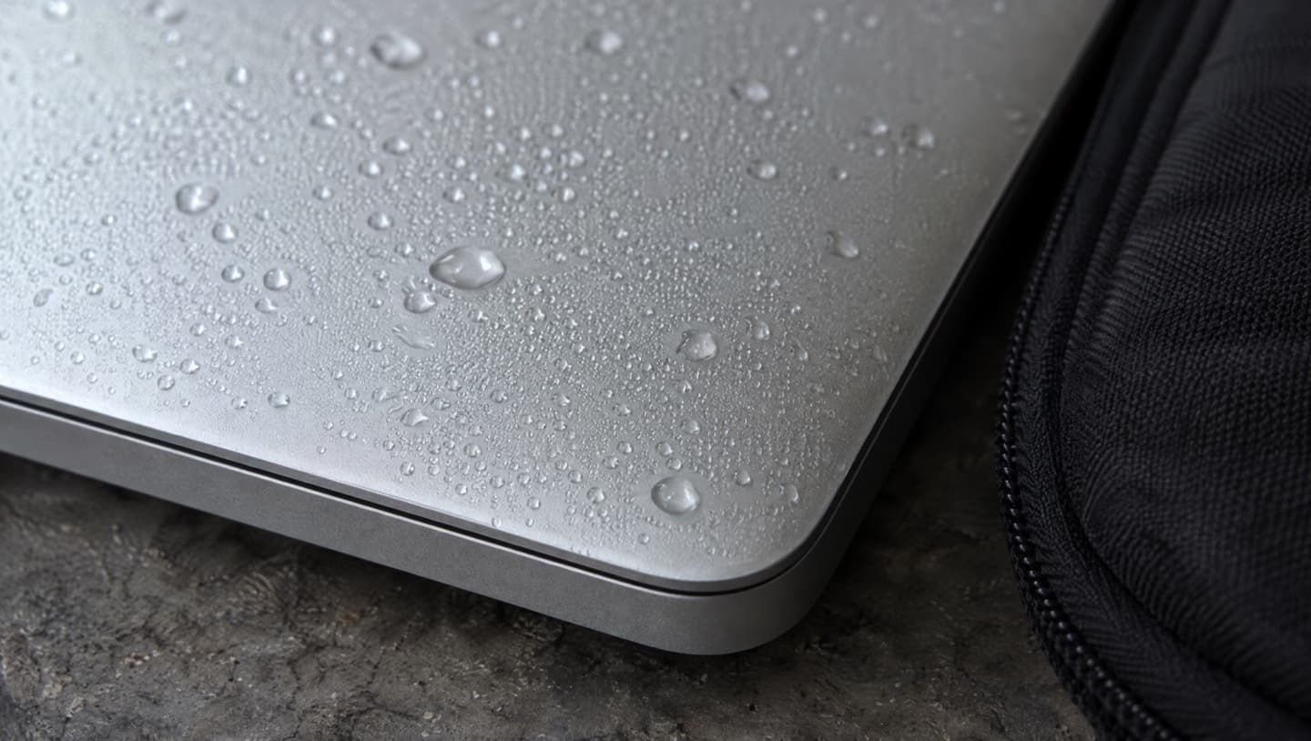 Close-up of water droplets condensed on the cold aluminium corner of a closed laptop beside its padded sleeve.