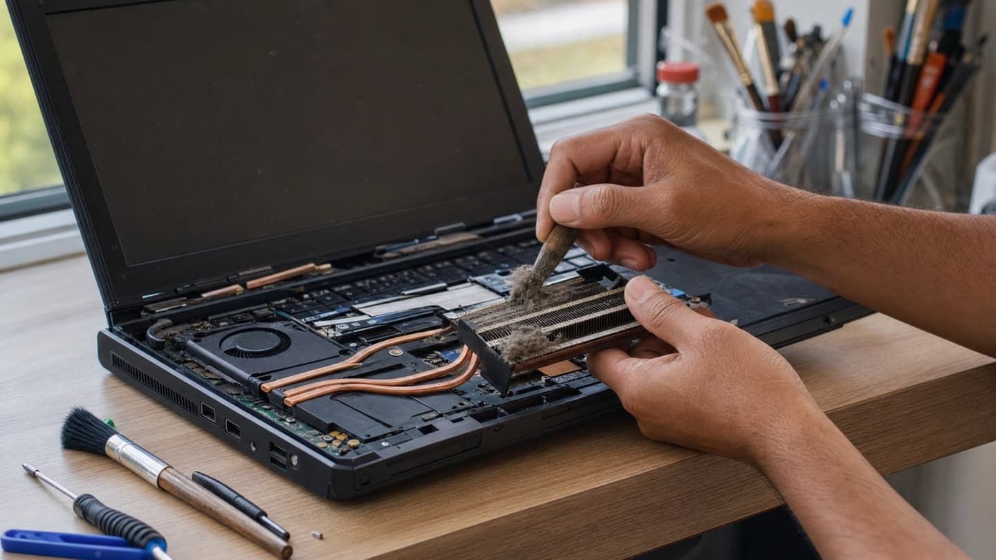 An opened laptop on a bench beside brushes and tools, the heatsink fins being cleared of packed dust by hand.