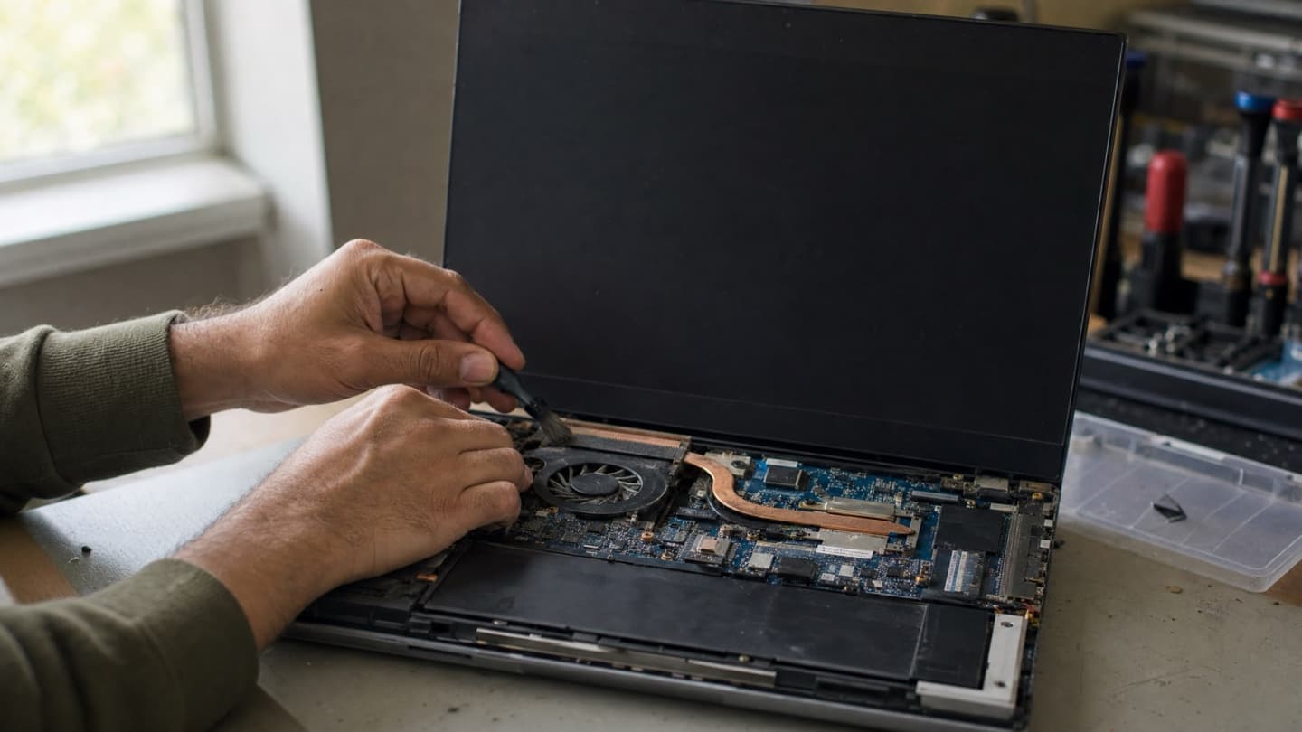 A laptop opened on a repair bench with the cooling fan and heatsink exposed, being cleaned by hand.