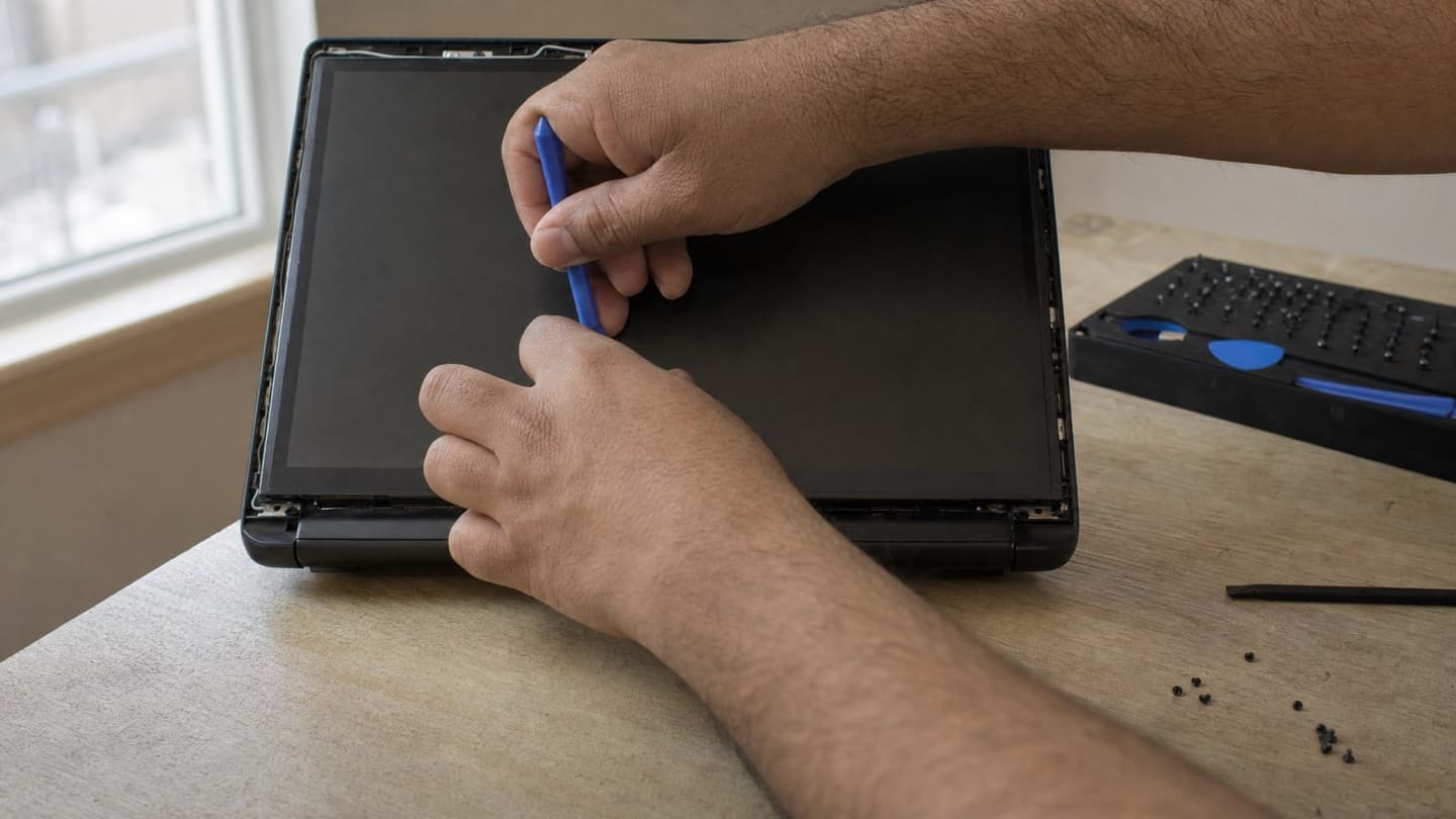 Hands on a workbench easing a laptop bezel free with a plastic pry tool, a spudger and screws set out nearby.