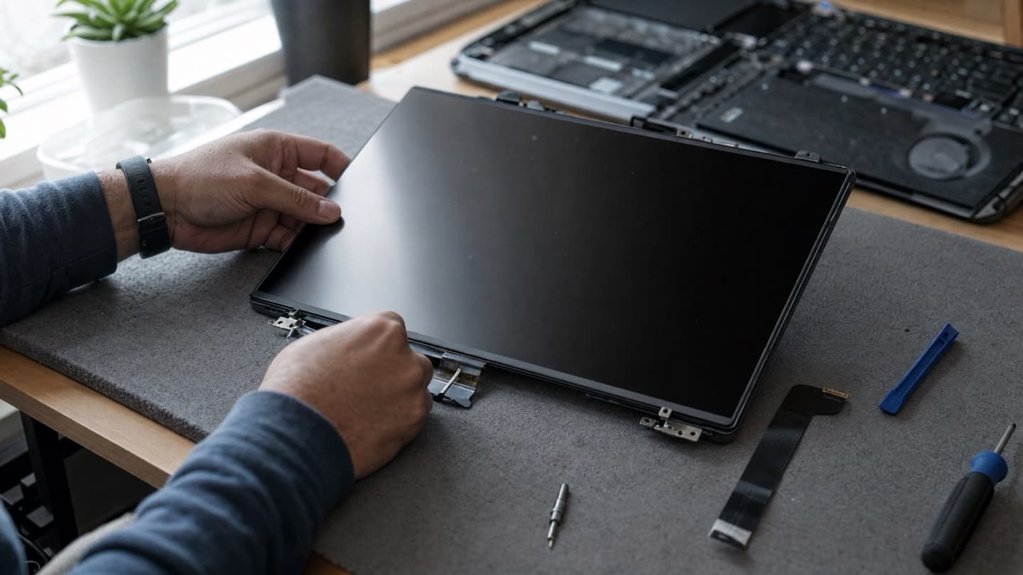 A laptop display panel disconnected on a bench beside a ribbon cable and small tools during a screen swap.