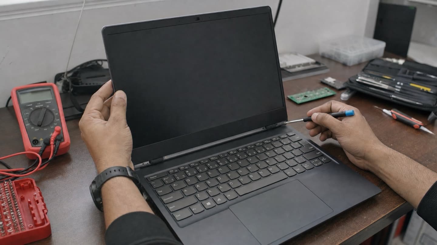 A laptop opened on a bench with a multimeter and tools nearby during a diagnosis.