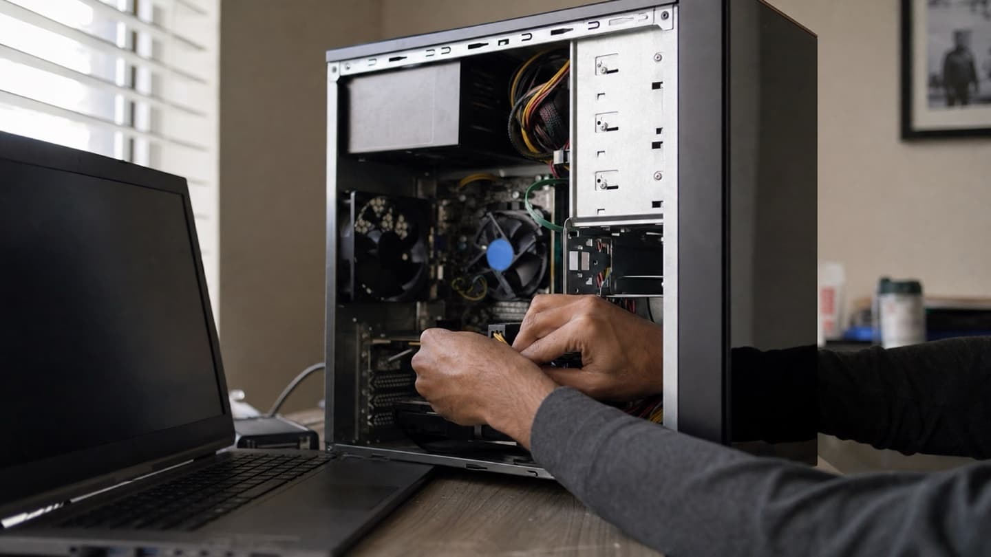 A technician working on a desktop computer in someone's home, hands on the tower with a laptop open nearby.