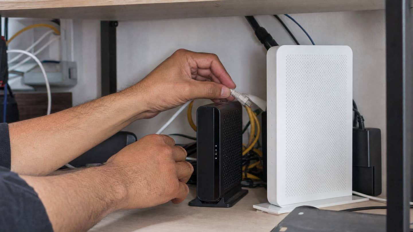A technician crouched by a home router and modem, checking cabling behind a shelf.