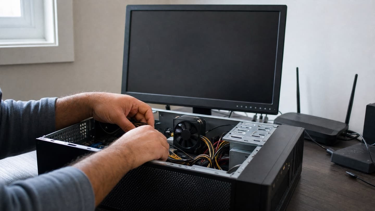 A technician's hands working at a desktop computer set up in a Calgary home, cables and router beside it.