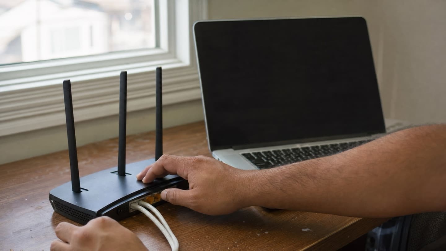 A technician checking a home Wi-Fi router and a laptop on a desk to test signal and settings.