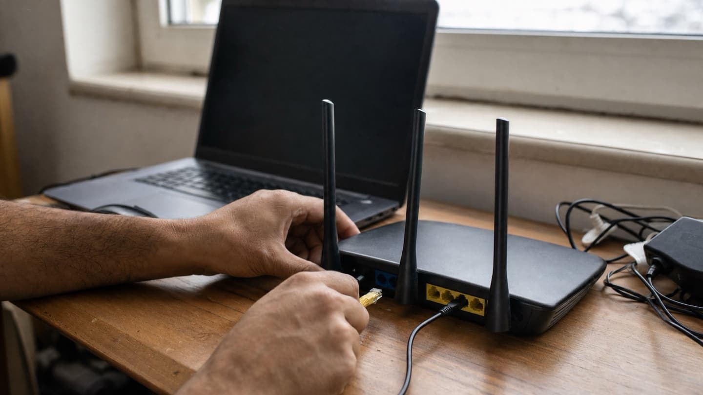 A home router and network cabling being checked by hand next to a laptop on a desk.