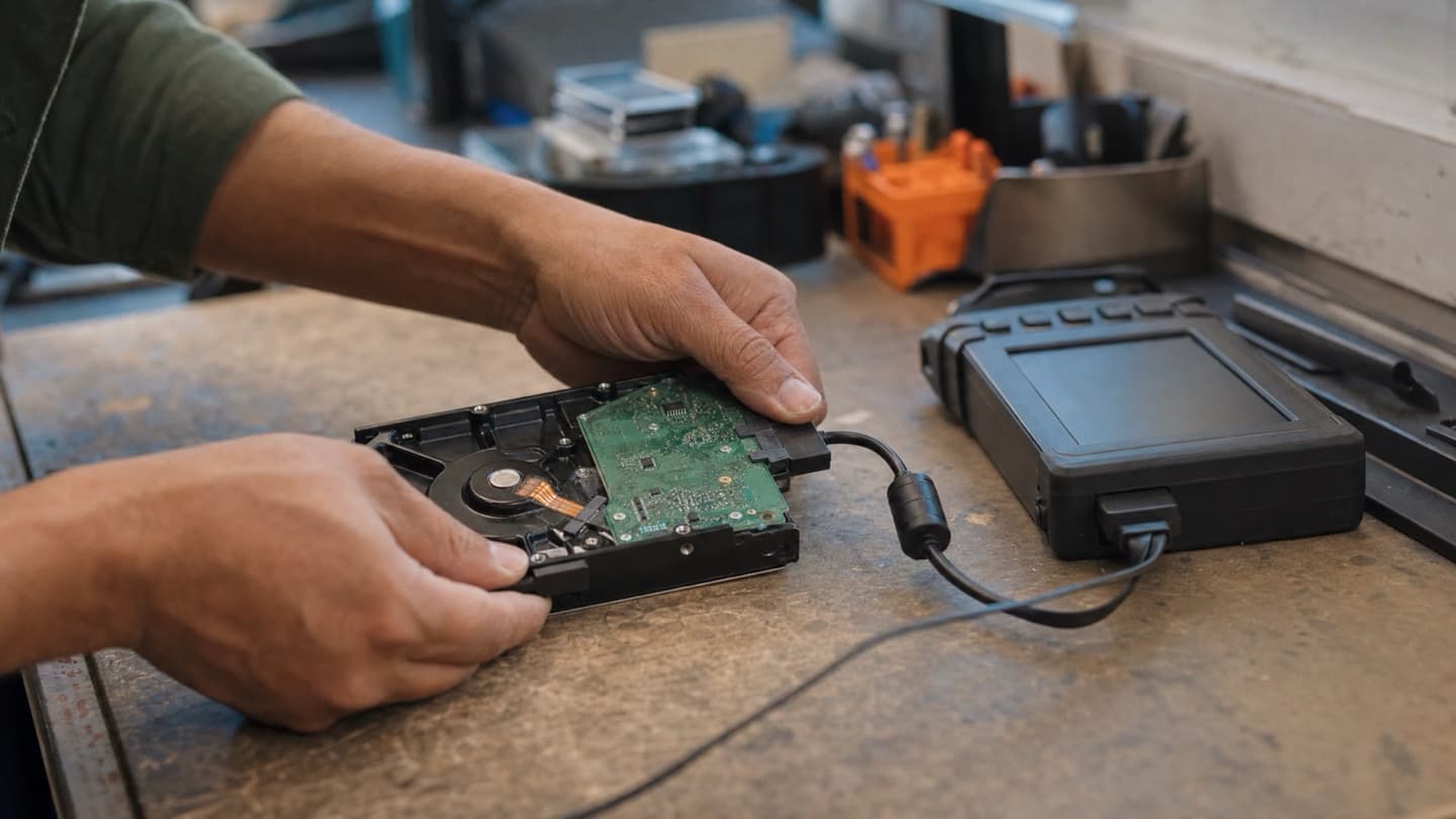 A drive connected to a bench setup with a diagnostic tool nearby, checked by hand.