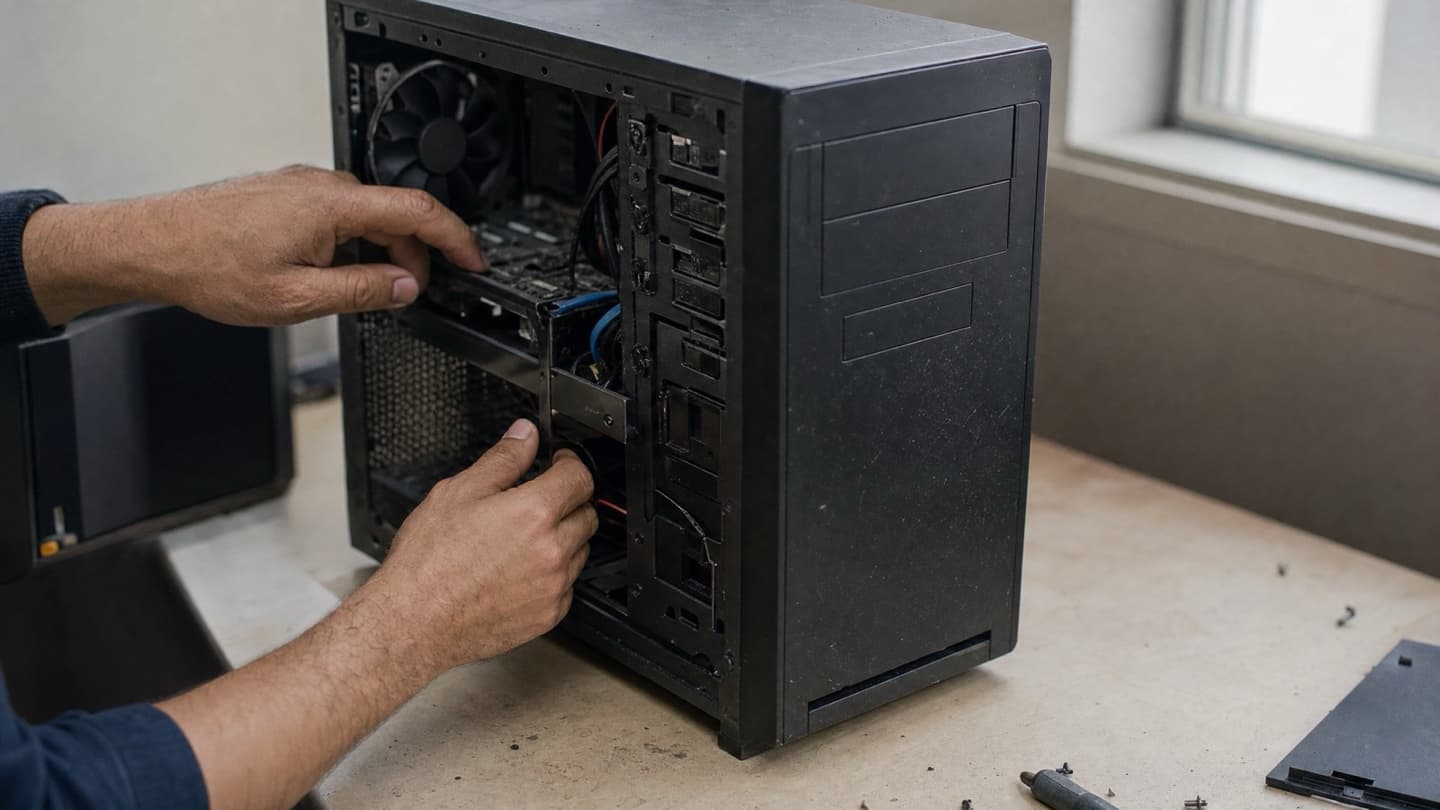 A hand checking a computer's security settings on a workbench, screen turned away.