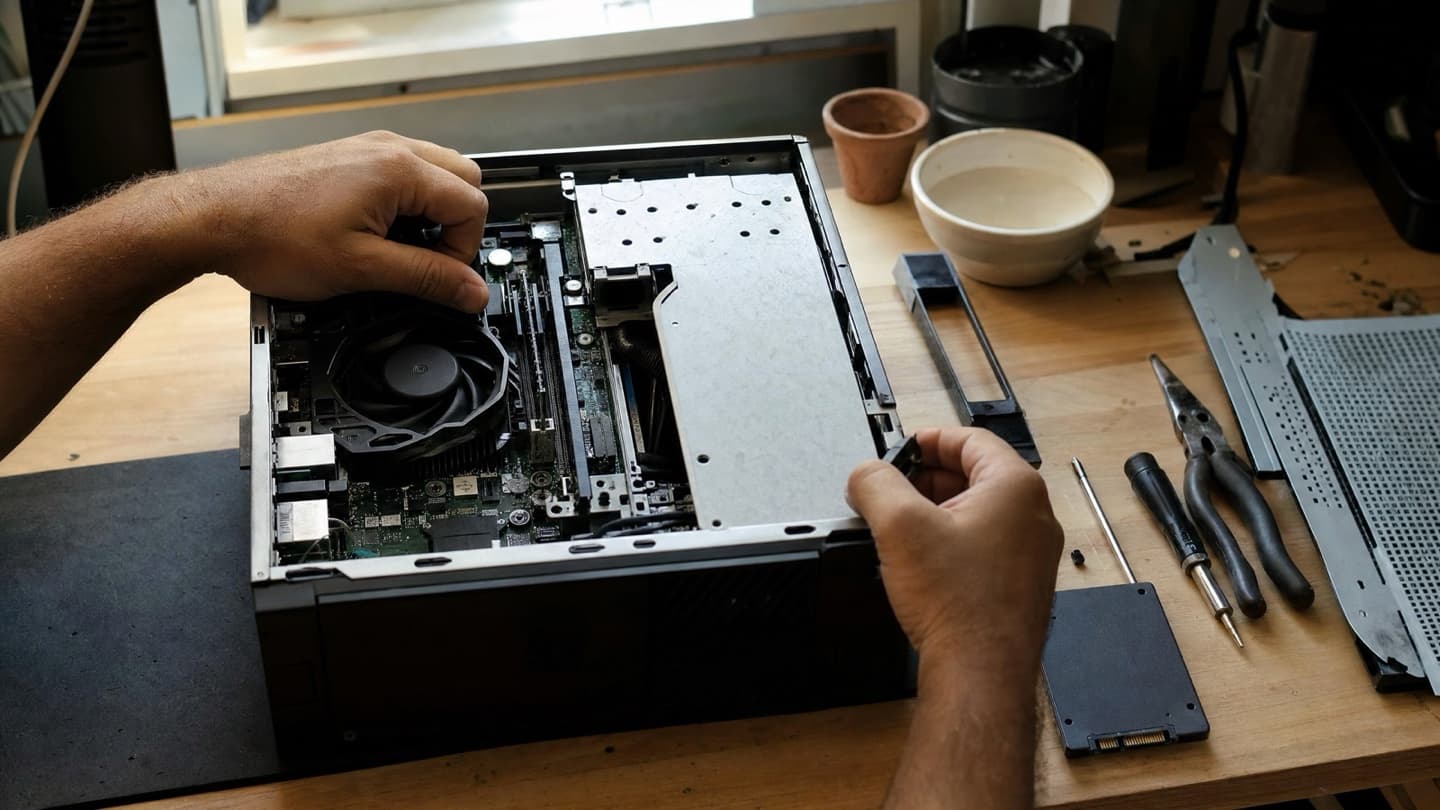A desktop opened on a bench beside an SSD and hand tools, mid-upgrade.