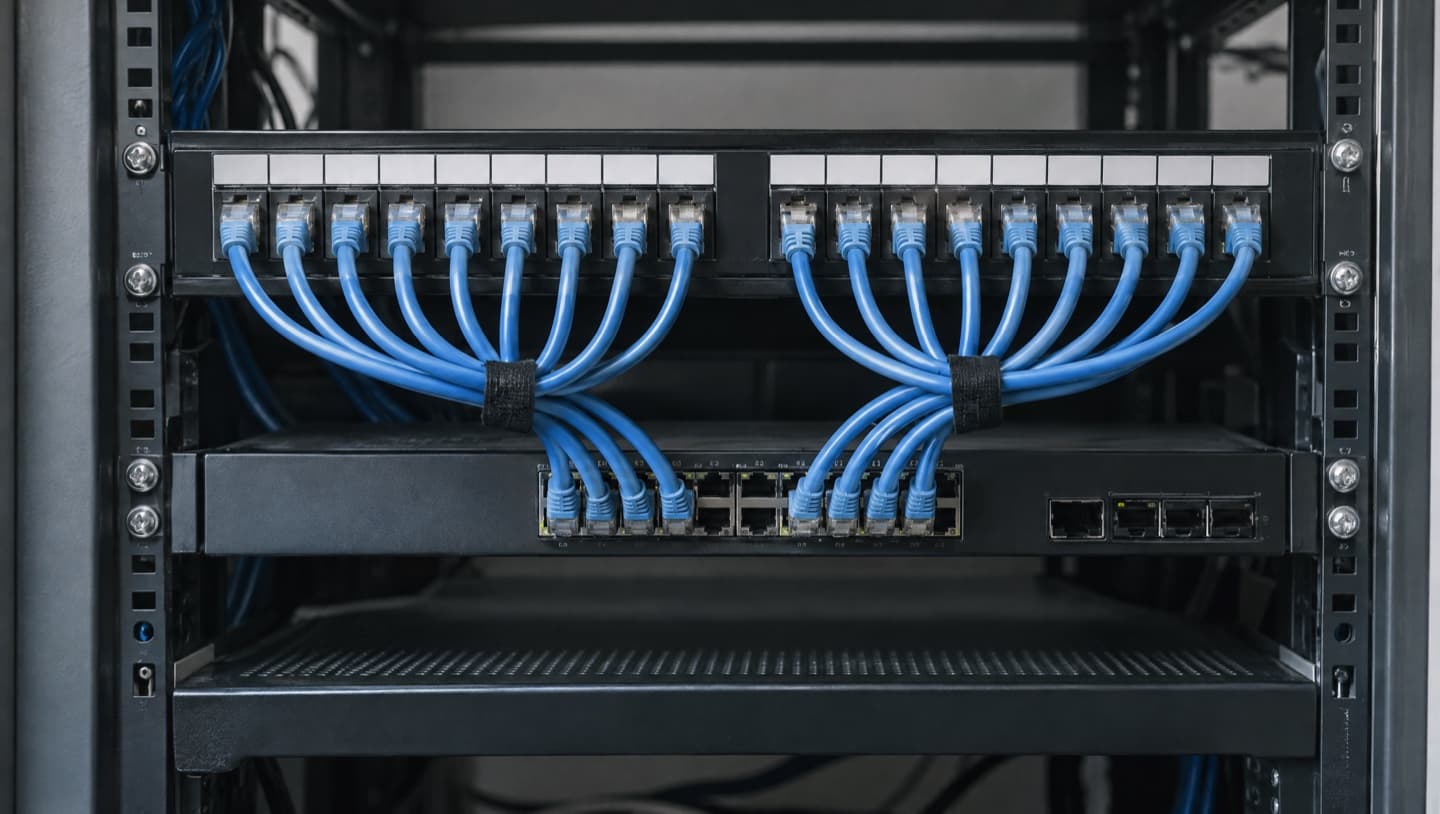 A small network rack with blue ethernet cables running neatly from a patch panel into a switch, bundled with cable ties.