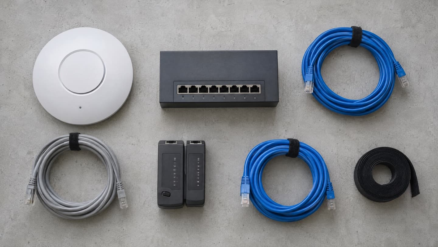 A ceiling Wi-Fi access point, an eight-port network switch, coiled ethernet cables, a cable tester and a roll of cable ties laid out from above on concrete.