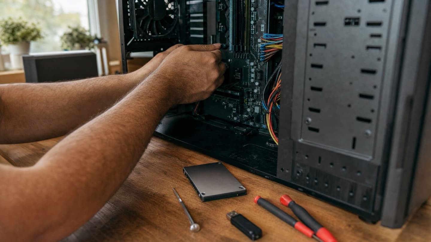 A bench with an SSD, screwdrivers, and a memory stick laid out beside an open computer during an upgrade.