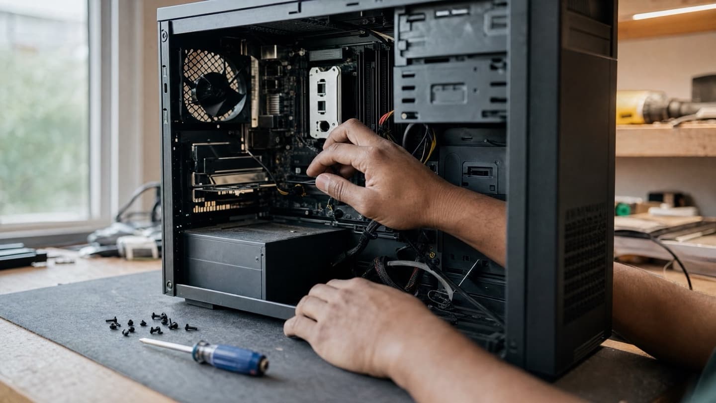A desktop PC open on a bench beside a screwdriver and small parts, mid-diagnosis.