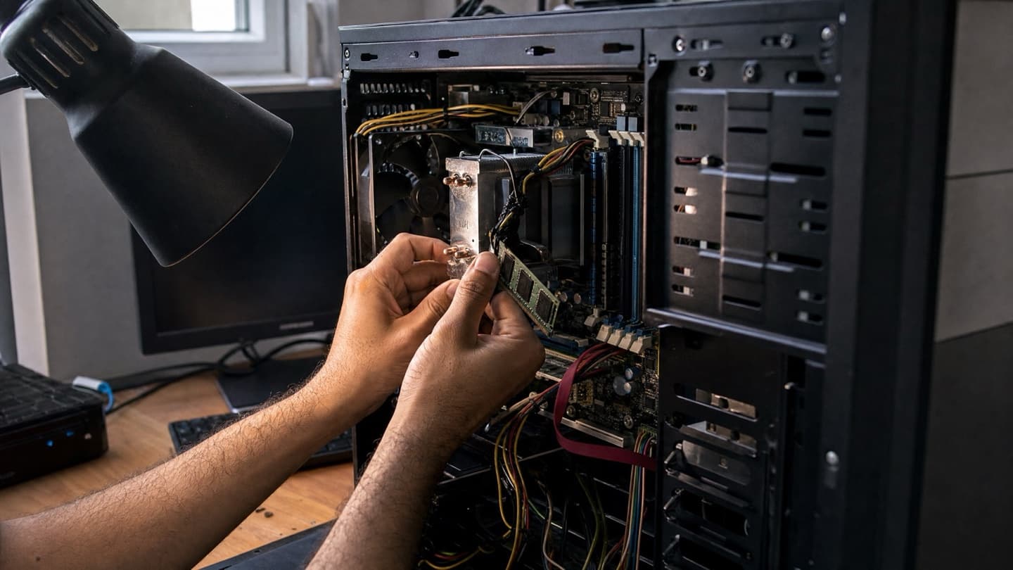 Hands installing a memory stick into a desktop PC on a repair bench, the case open under a work light.