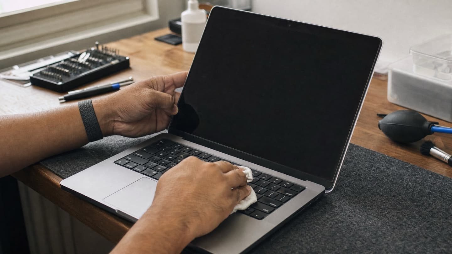 A laptop on a bench mid-cleanup, security settings being reviewed by hand.